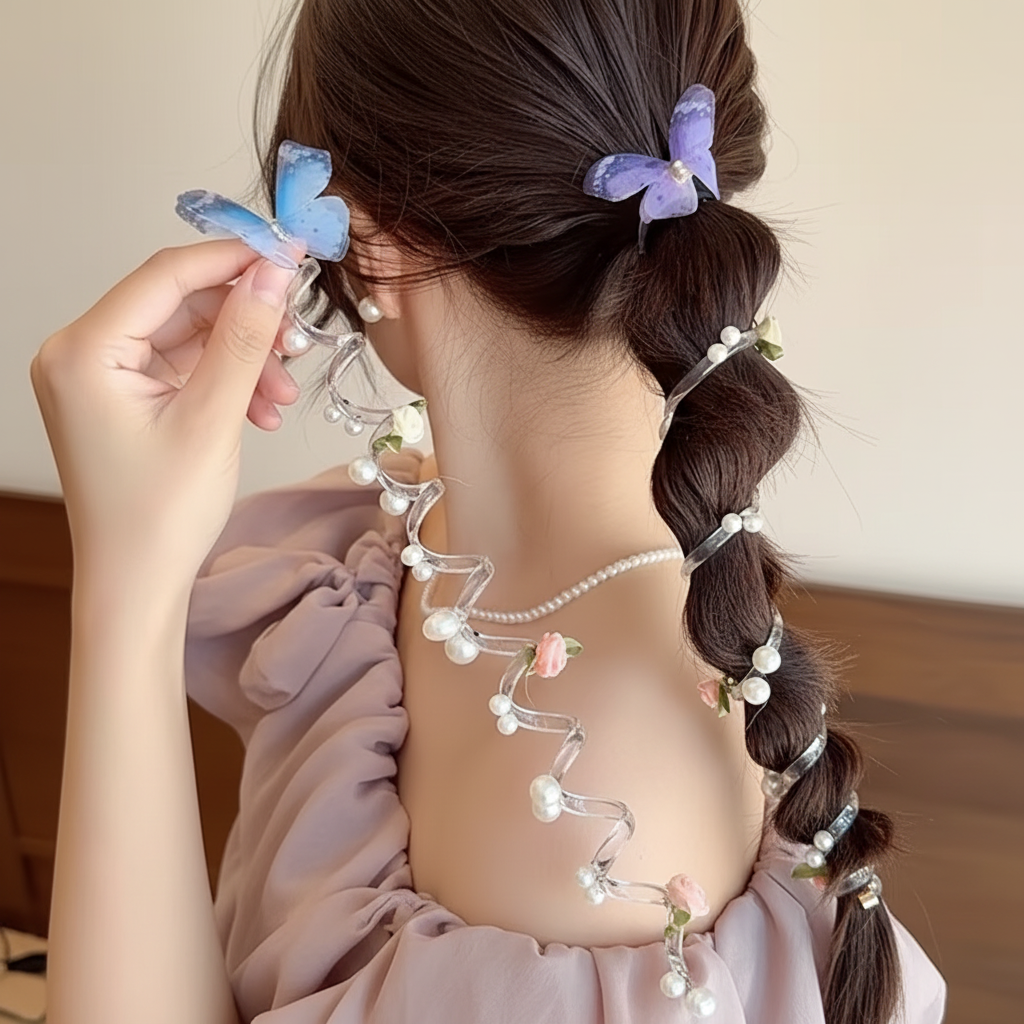 Hands styling hair with butterfly and pearl clips
