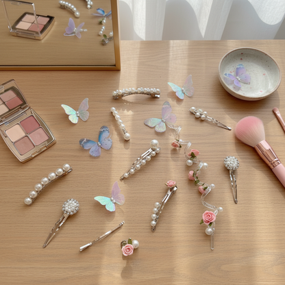 Flatlay of butterfly and pearl hair accessories