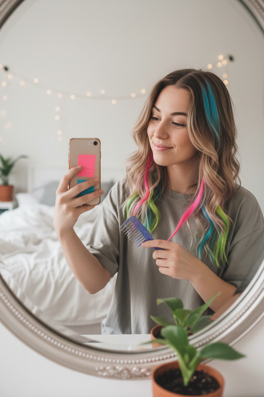 Woman with colorful hair taking selfie